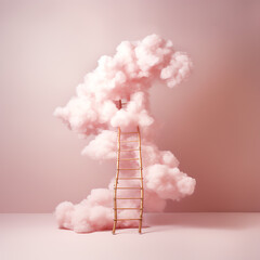 ladder between a white cloud and pink sky in dream world, in the style of conceptual sculpture