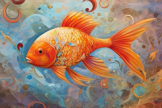 Vibrant orange fish painting with gemstones. Serene and elegant, brings positive energy. Ideal wall art. Generative AI