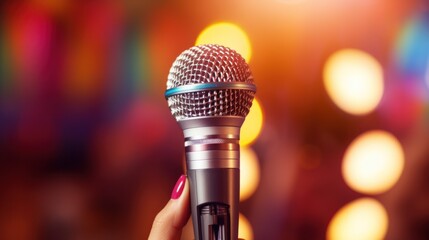 Close-up of a woman's hand holding a single retro microphone against a colorful background with space to place text.
