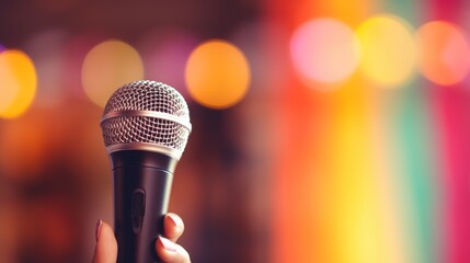 Close-up of a woman's hand holding a single retro microphone against a colorful background with space to place text.