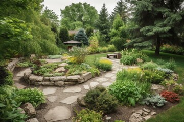 A garden panorama showcasing landscape design, with plants, flowers, and stone elements in the backyard. Generative AI