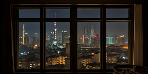 Office glass window at view of the big city and large buildings with lights on night view city image and office  Night City View from the Office  Office Window Overlooking the City Ai Generative