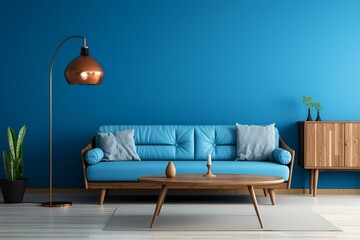 A cozy room with blue walls and wooden floors, featuring a spacious sofa and a central coffee table. Generative AI