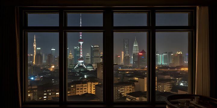 Office glass window at view of the big city and large buildings with lights on night view city image and office  Night City View from the Office  Office Window Overlooking the City Ai Generative