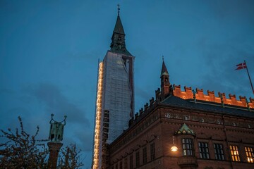 Scenic view of the Copenhagen City Hall in the evening.