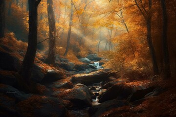 Artistic portrayal of a serene autumn scene in a mountainous forest. Generative AI