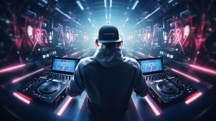 Modern 3D rendering of DJ with headphones in studio