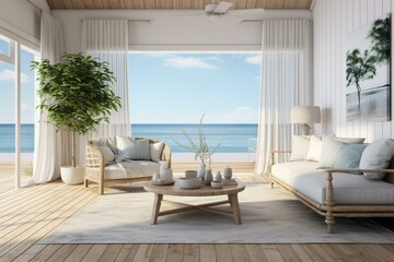 Elegant beach house living room with wooden floor and white wall background. Generative AI
