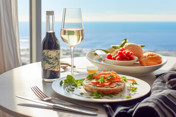luxurious food dishes and wine on the table in background of modern hotel room. Travel concept of vacation and holiday.