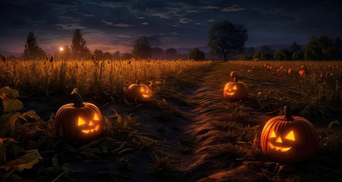 Halloween pumpkin field illustration. Horror scene.