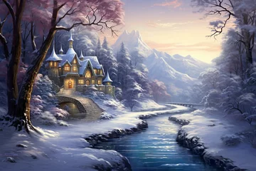 Foto op Canvas Enchanting winter scenery portrayed in a captivating, extraordinary illustration. Generative AI © Cybele