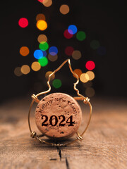 Cork of champagne bottle with inscription Happy New Year 2024, New Year concept