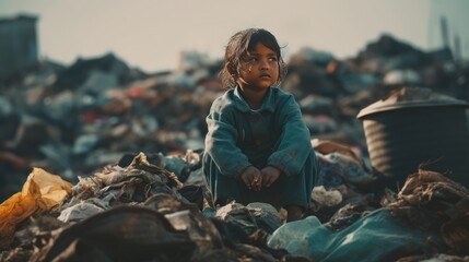 Poor child sitting in a pile of garbage Municipal garbage collector - obrazy, fototapety, plakaty