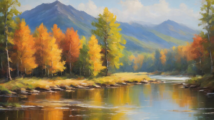Fototapeta premium Colorful autumn landscape with mountain river and forest. Digital painting.
