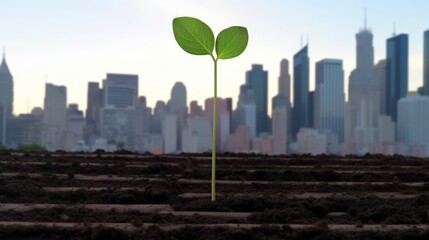 Skyline Sprout: A single green shoot emerging from a concrete city skyline, indicating nature's resilience - obrazy, fototapety, plakaty