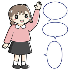 手を挙げる女の子のイラスト（吹き出し付き）
