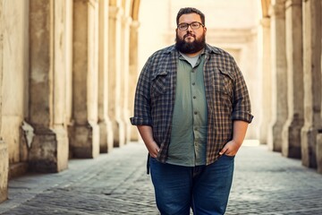 Obraz premium Overweight man poses and smiles at the camera.