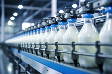Obraz premium Conveyor for bottling milk into bottles at a modern dairy plant. Line for bottling and packaging of dairy products. Industrial equipment. Fresh milk.