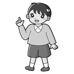 指を指す男の子のイラスト（白黒）