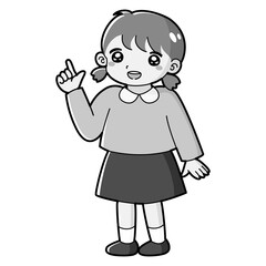 指を指す女の子のイラスト（白黒）