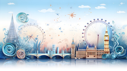 Enchanting Paper Craft of the London Eye at New Year's with Winter Firework Theme - obrazy, fototapety, plakaty