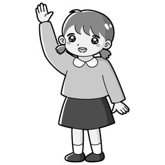 手を挙げる女の子のイラスト（白黒）