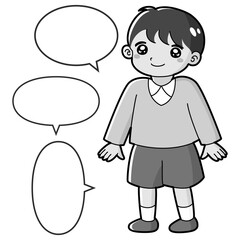 笑顔の男の子のイラスト（吹き出し付き）白黒