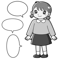 笑顔の女の子のイラスト（吹き出し付き）白黒