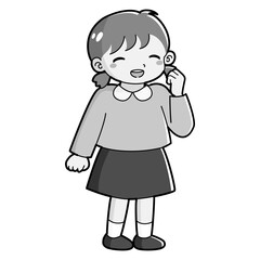 ガッツポーズをする女の子のイラスト（白黒）