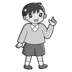 指を指す男の子のイラスト（白黒）