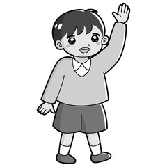 手を挙げる男の子のイラスト（白黒）