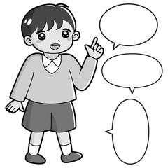 指を指す男の子のイラスト（吹き出し付き）白黒