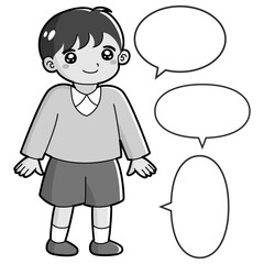笑顔の男の子のイラスト（吹き出し付き）白黒