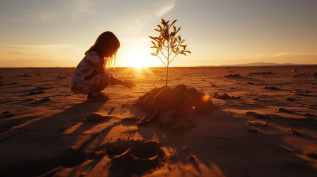 A young girl plants trees in a quiet, dry area. There was orange sunlight shining down.