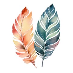 Colorful watercolor illustration of a feather. Isolated clipart on white background