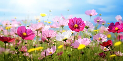 Obraz na płótnie Canvas Pink cosmos flowers blooming cosmos flower field, beautiful bright summer garden garden outdoor picture.