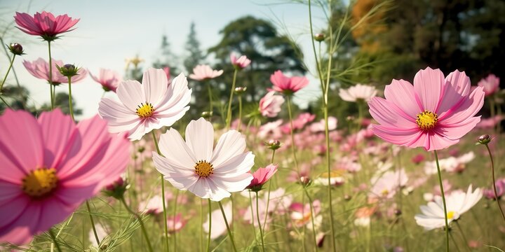 Pink cosmos flowers blooming cosmos flower field, beautiful bright summer garden garden outdoor picture.