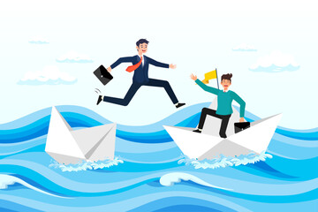 Brave businessman risk their life to help his partner from sinking boat in the ocean, trusted business partner to help and support in economic crisis or team and partnership to offer solution (Vector)
