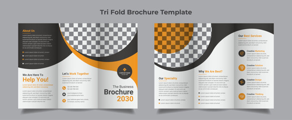 business trifold brochure template. Corporate, Modern, Creative and Professional tri fold brochure vector design. Simple and minimalist promotion layout with orange color for business
