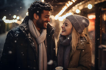 Winter Wonderland Romance, Smiling couple savoring a snowy evening, sipping warm drinks and sharing laughter amid gentle snowflakes, - obrazy, fototapety, plakaty