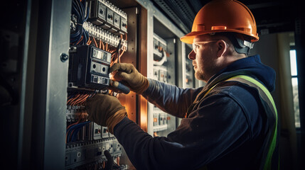 A male electrician works in a switchboard with an electrical connecting cable.