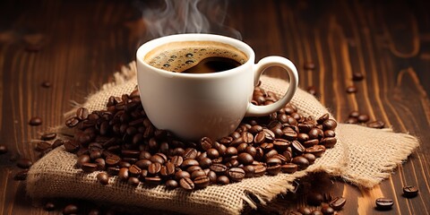 cup of hot black coffee on a plate with roasted coffee beans on the table