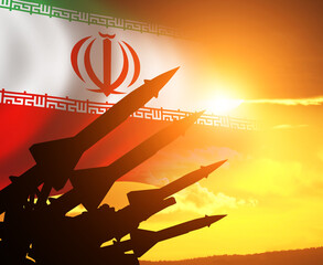 Rockets silhouettes on Iran flag background. 3d illustration