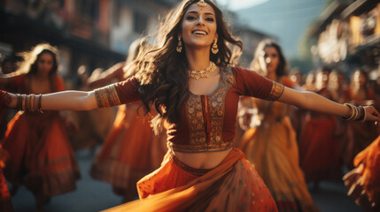 Dancing Girl, Indian women dancing on the streets in traditional dresses. - obrazy, fototapety, plakaty