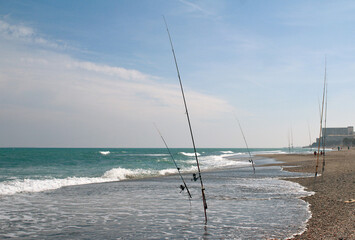 Fishing rods in the sea, at the shore. 