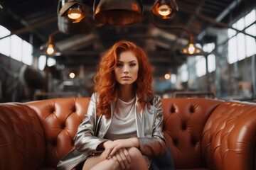 a photo of a gorgeous young redhead woman sitting on a couch in a room with industrial loft style interior, rock'n'roll vibe