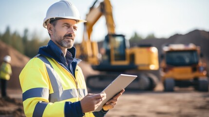 Engineer using tablet working on construction heavy machine background, Construction site.