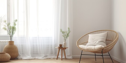 rattan chair with sitting pillow, combination of rattan vase with ornamental plants on a white wall and white curtain background, minimalist, aesthetic, realistic.