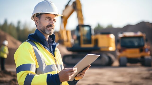 Engineer Using Tablet Working On Construction Heavy Machine Background, Construction Site.