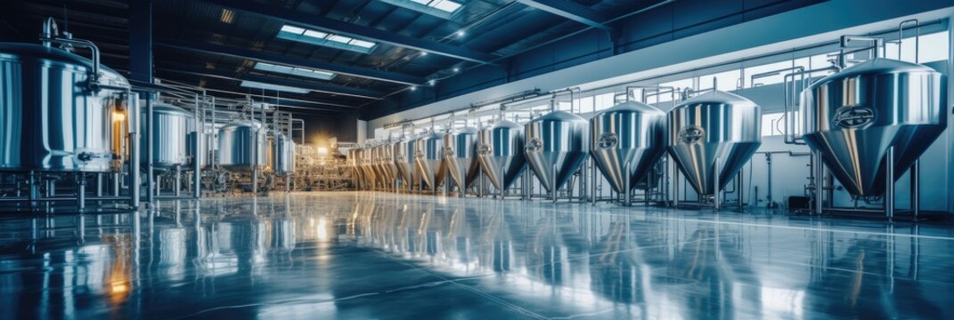 Large steel fermentation tanks in spacious hall at modern alcohol production factory.